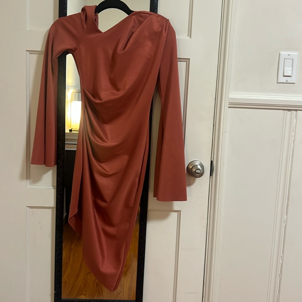 Long flare sleeve asymmetric cut-away neckline midi dress
